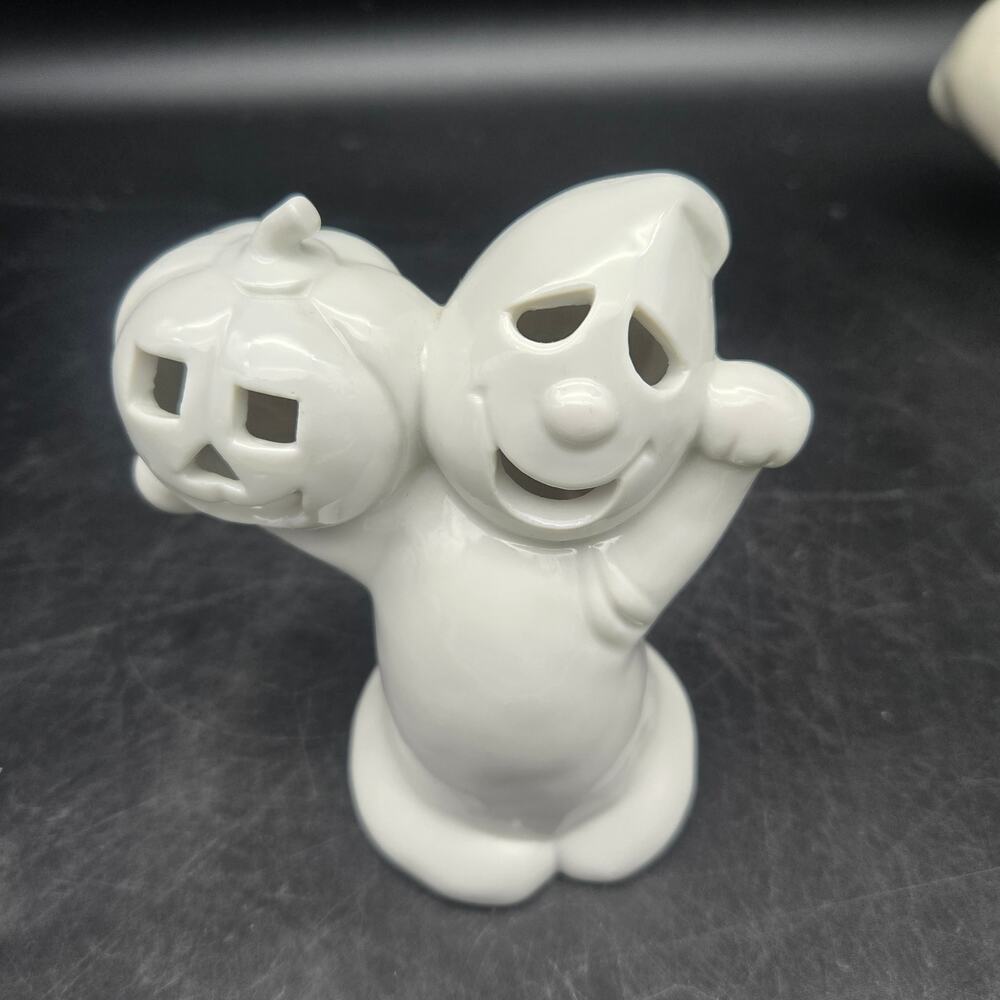 Vintage Midwest Ceramic Ghost Holding Jack O Lantern Halloween Candle Holder